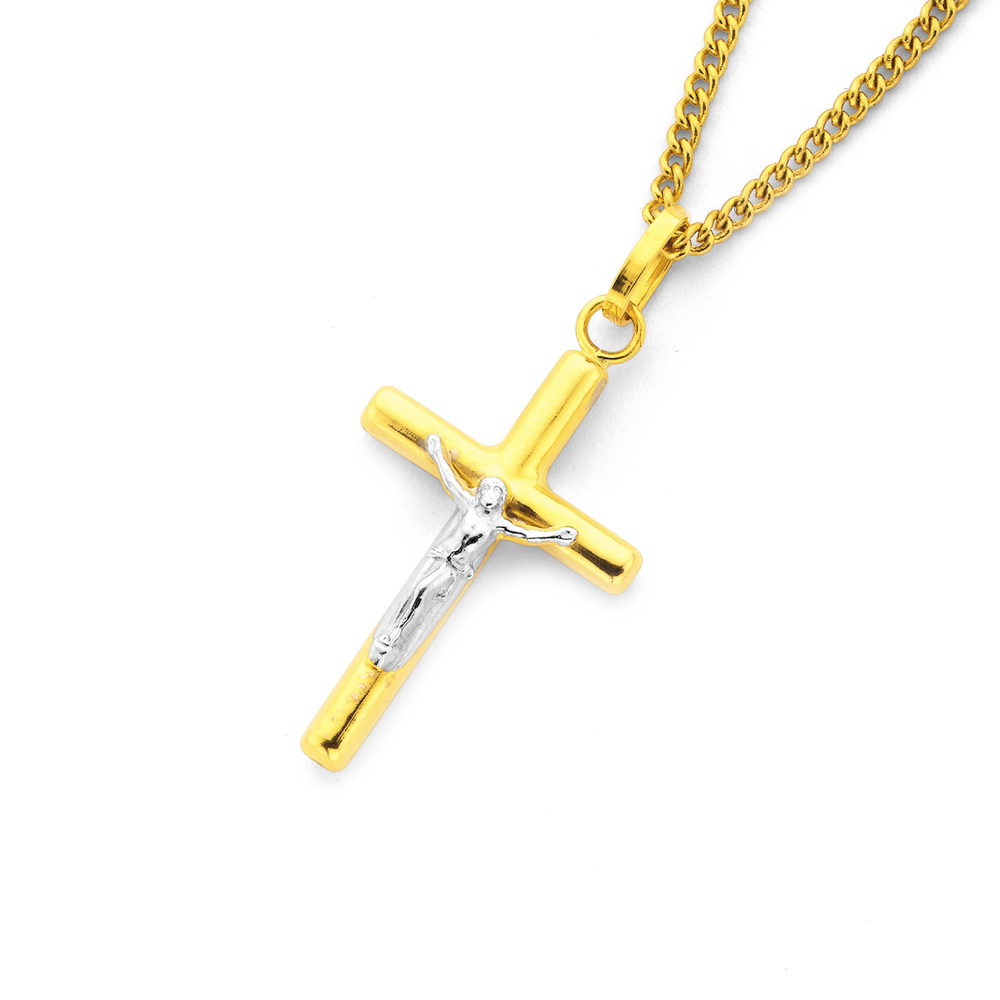 14k, 18k White Gold Fancy Religious Italian Cross with Yellow Gold Cru -  Obsessions Jewellery