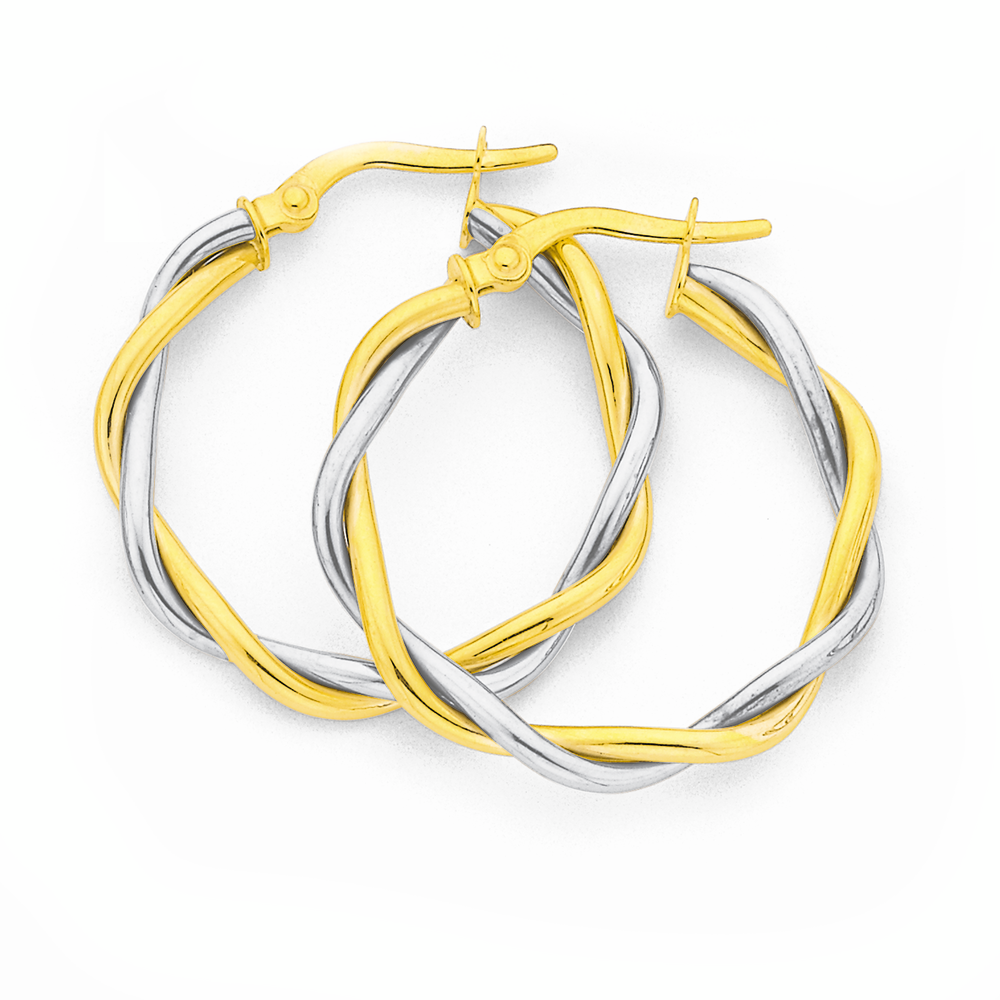 9ct Gold Two Tone 20mm Entwined Twist Hoop Earrings