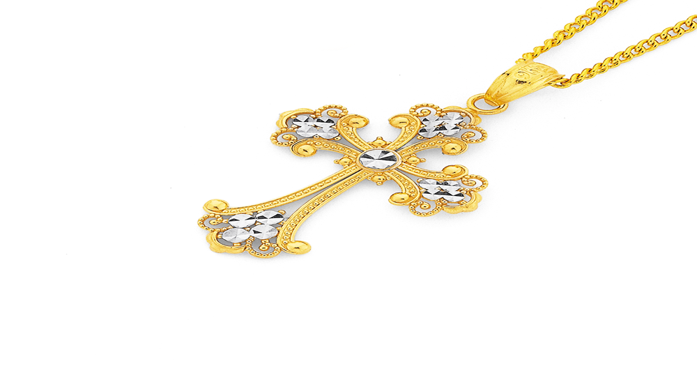 9ct Gold Two Tone 21mm Filigree Ends Cross Pendant Prouds