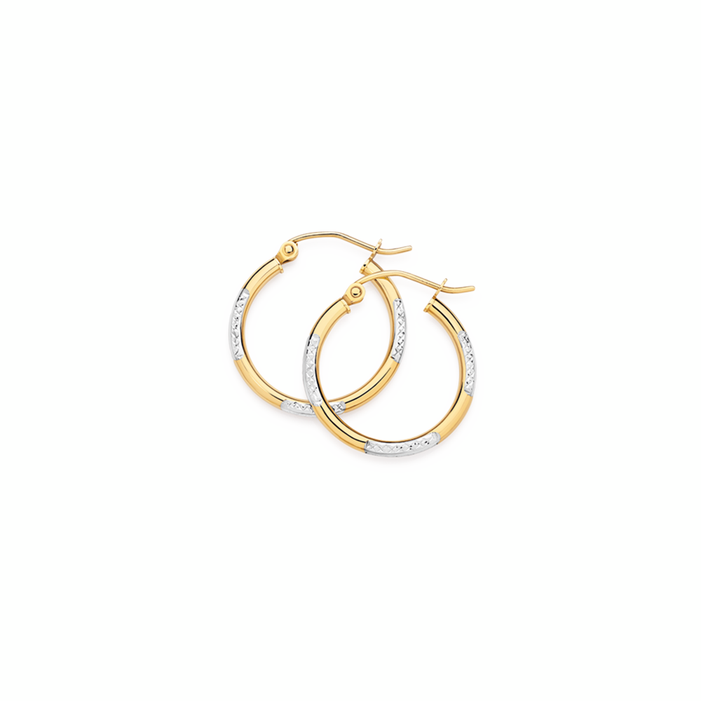 9ct Gold Two Tone 2x15mm Diamond-Cut Striped Hoop Earrings