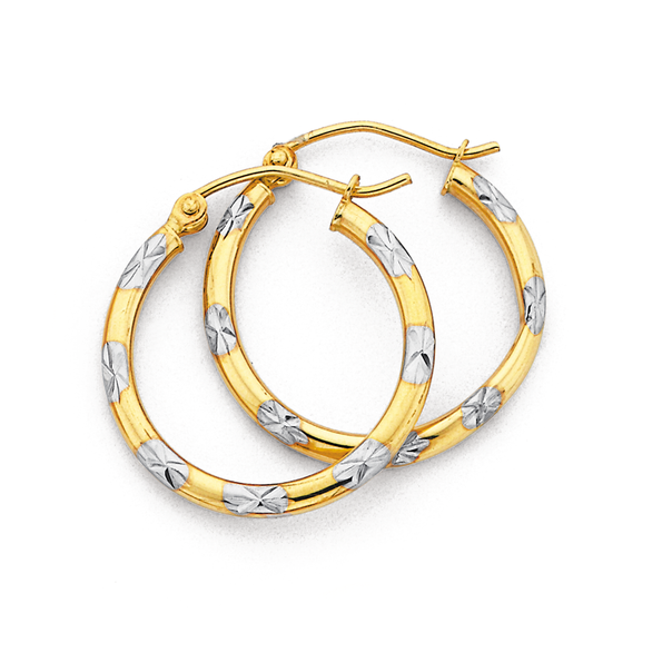 9ct Gold Two Tone 2x16mm Diamond-cut Hoop Earrings