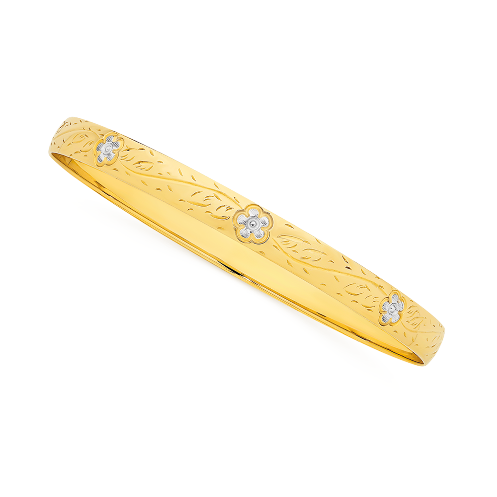9ct Gold Two Tone 65mm Solid Flower Bangle Prouds