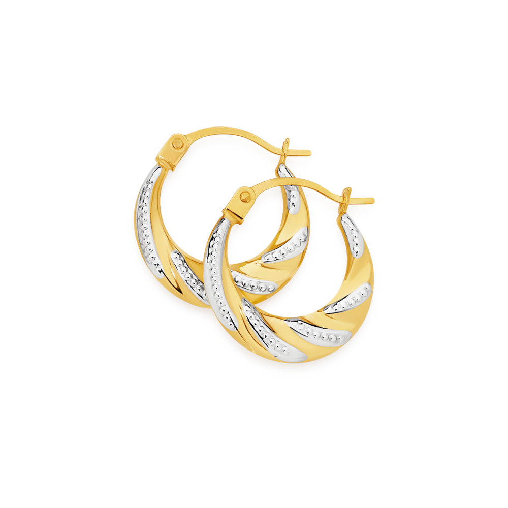 9ct Gold Two Tone 9mm Beaded Twist Creole Earrings Prouds