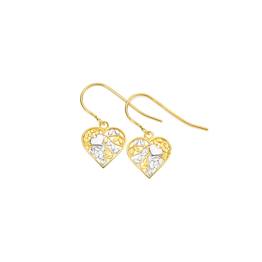 9ct Gold Two Tone Diamond-cut Filigree Heart Drop Hook Earrings