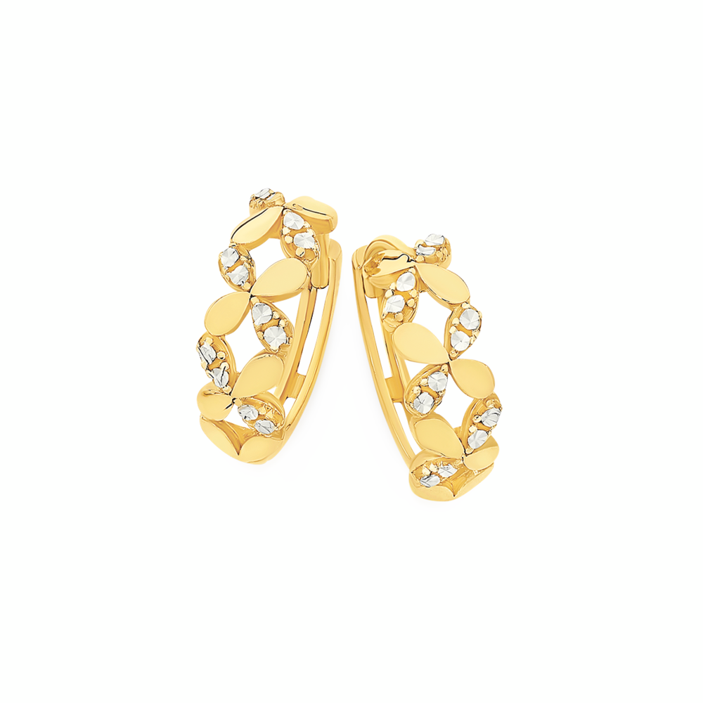 9ct Gold Two Tone Diamond-Cut & Polished Flower Cut-out Front Huggie Earrings