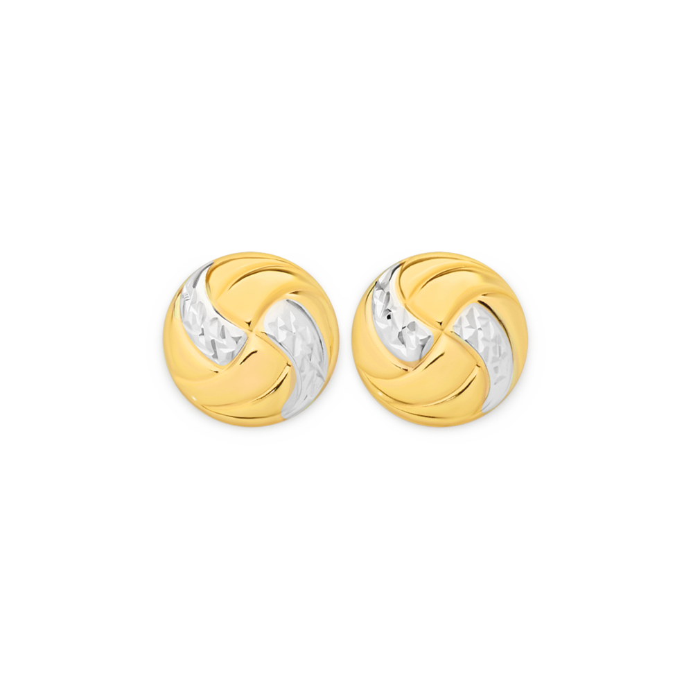 9ct Gold Two Tone Diamond-Cut Swirl Flat Ball Stud Earrings