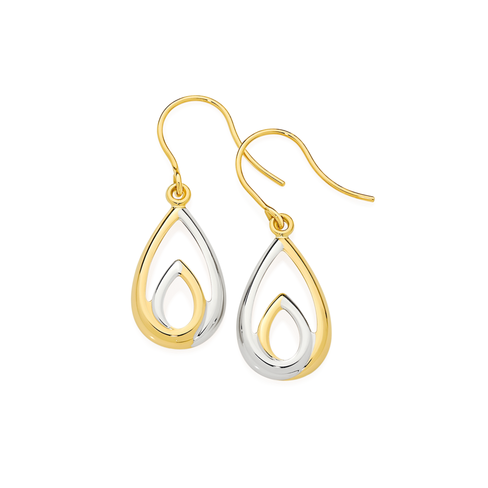 9ct Gold Two Tone Double Open Teardrop Hook Drop Earrings Prouds