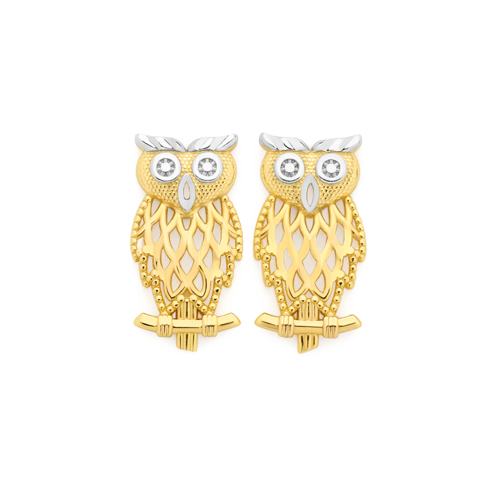 9ct Gold Two Tone Owl Stud Earrings