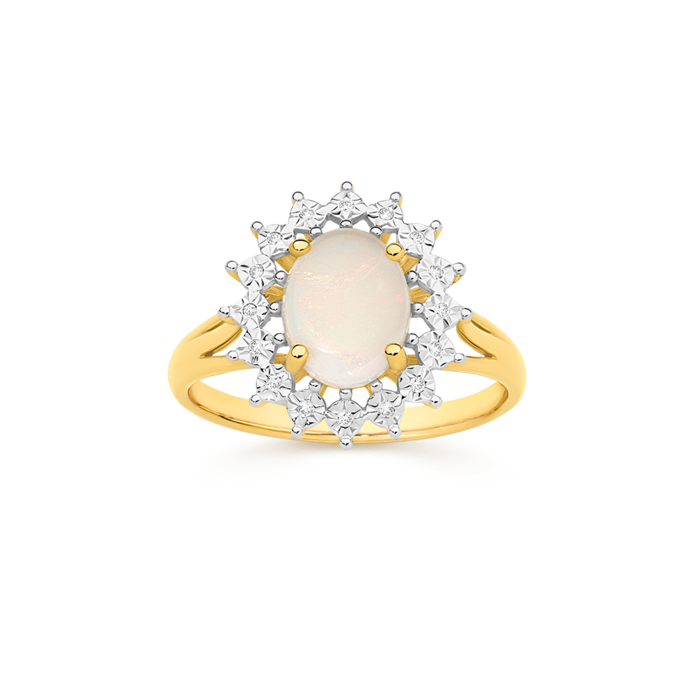 9ct Gold White Opal Diamond Trilogy Ring in White Prouds