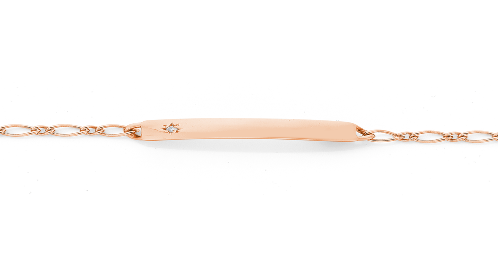 9ct Rose Gold 16cm Solid Diamond Figaro Identity Bracelet Prouds