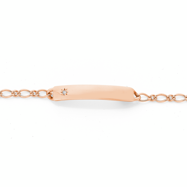 9ct Rose Gold 16cm Solid Diamond Figaro Identity Bracelet Prouds