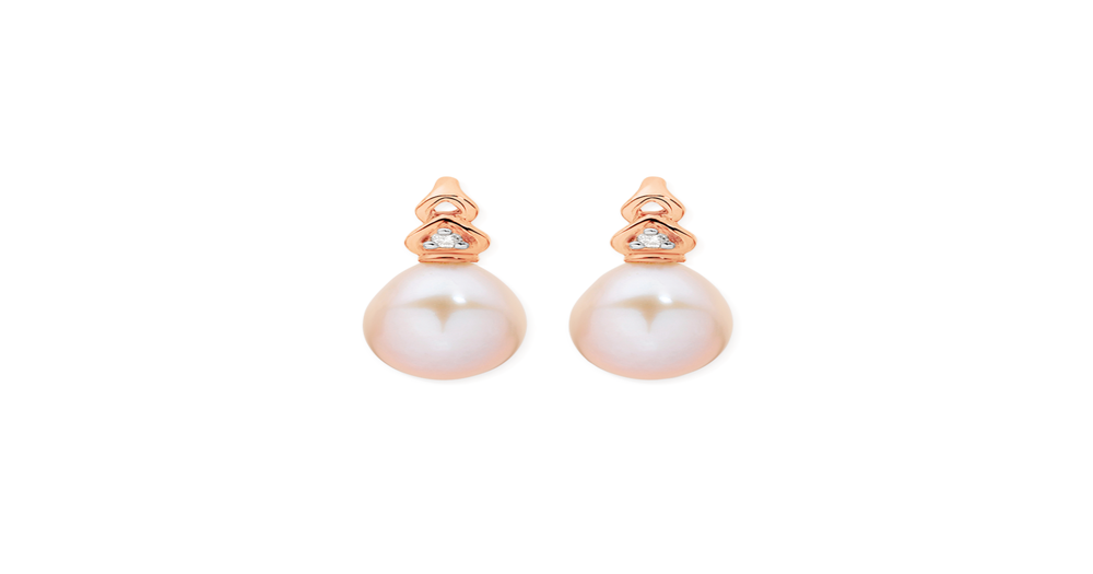 9ct Rose Gold Pink Cultured Freshwater Pearl And Diamond Earrings