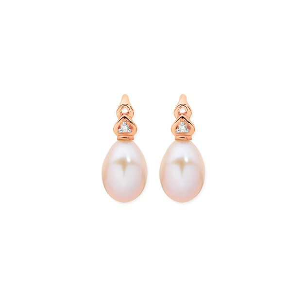 9ct Rose Gold Pink Cultured Freshwater Pearl And Diamond Earrings