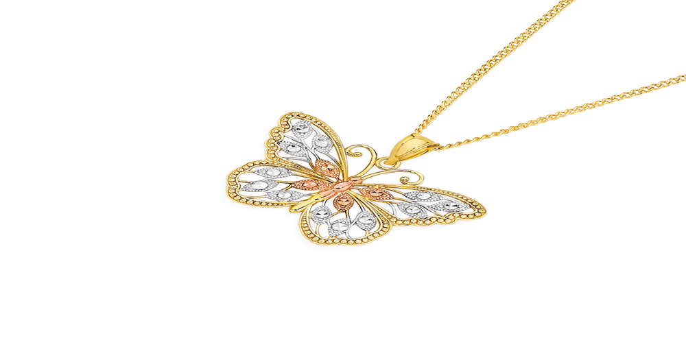 9ct Tri Tone Gold Filigree Butterfly Pendant Prouds
