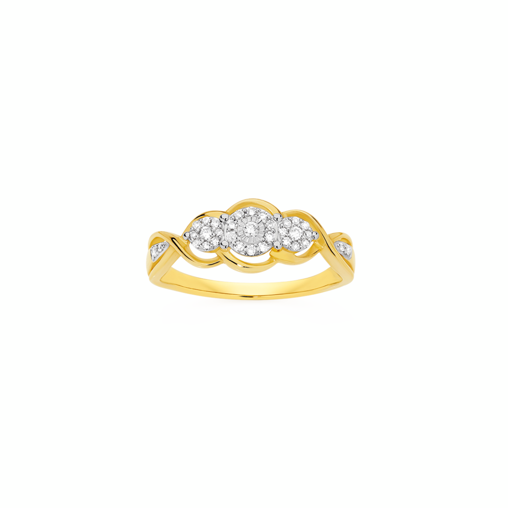 9ct Two Tone Gold Diamond Cluster Trilogy Ring