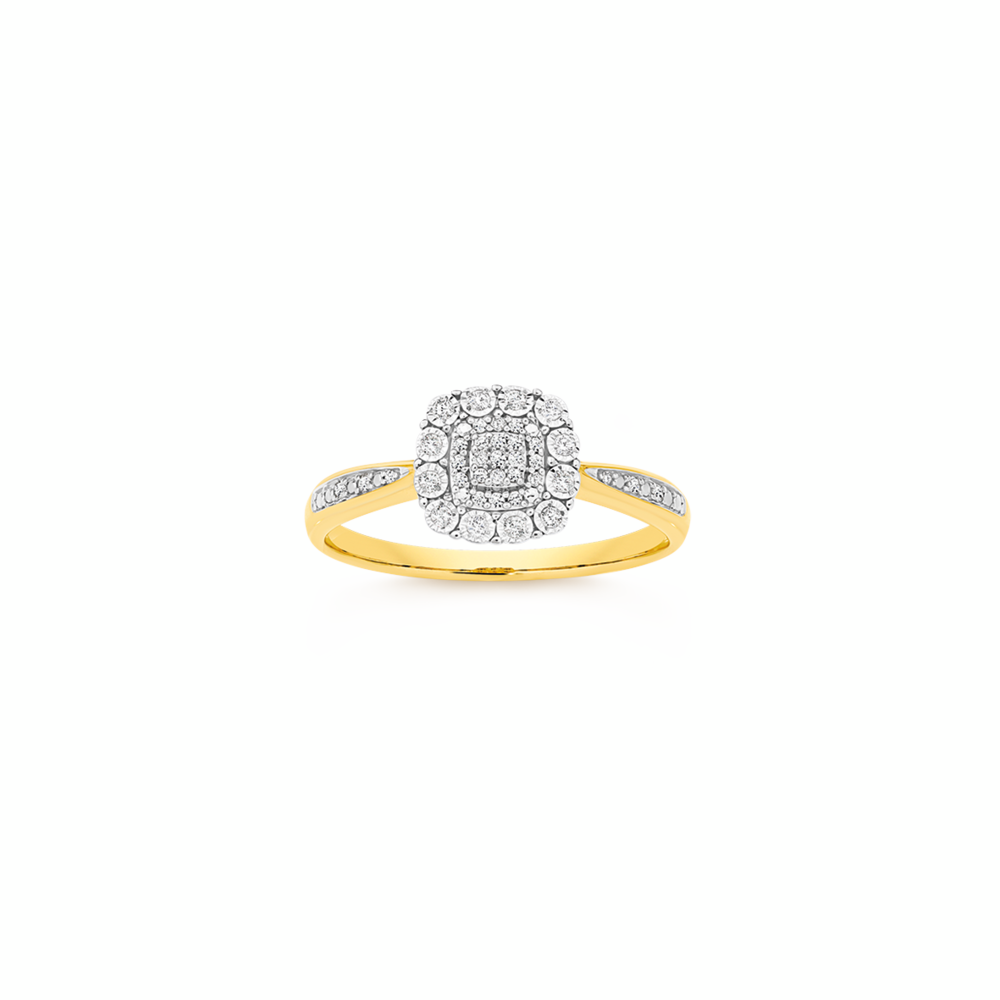 9ct Two Tone Gold Diamond Cushion Cluster Ring