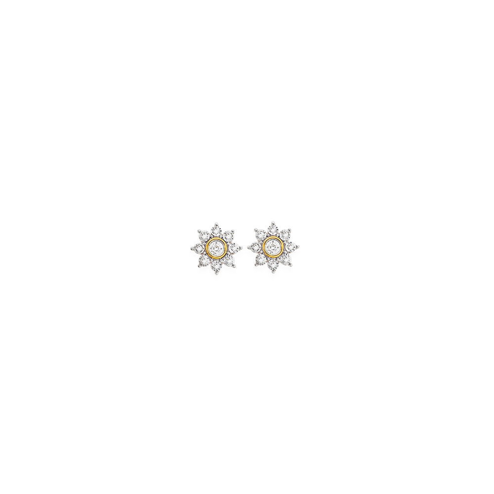 9ct Two Tone Gold Diamond Flower Cluster Stud Earrings