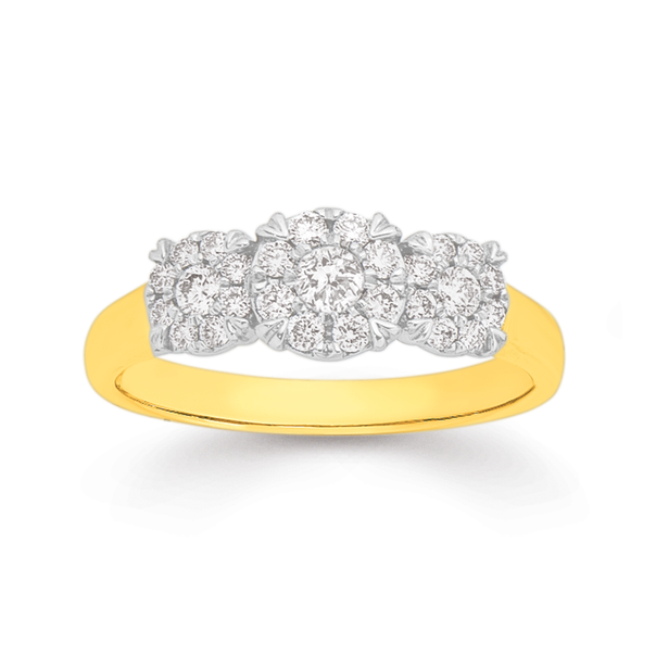 9ct Two Tone Gold Diamond Trilogy Cluster Ring