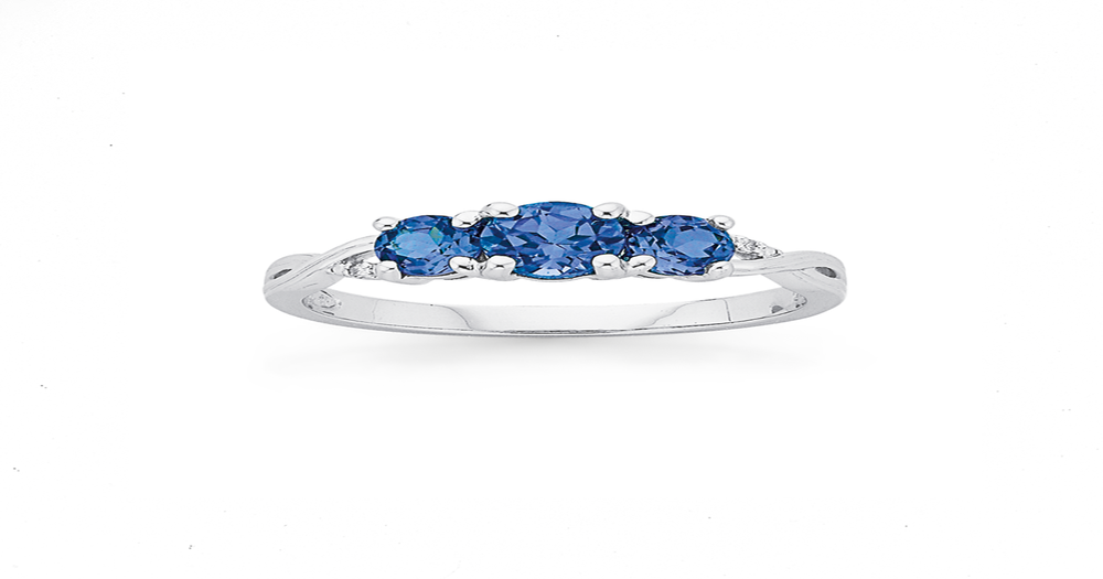 9ct White Gold Created Ceylon Sapphire Diamond Dress Ring in