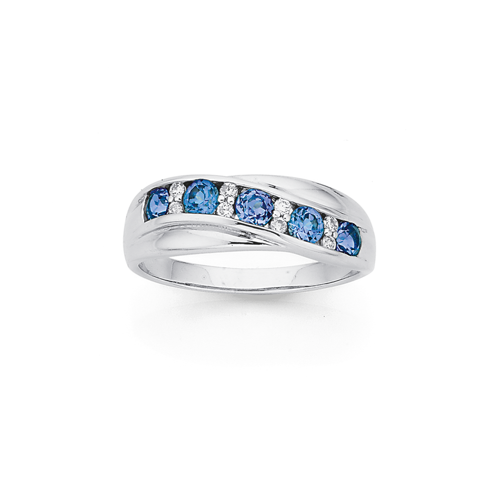 9ct White Gold Created Sapphire Diamond Crossover Band in Blue Prouds