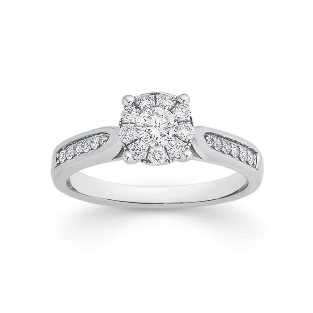 Platinum Round Brilliant Cut Diamond Cluster Ring With Two Row Diamond  Shoulders