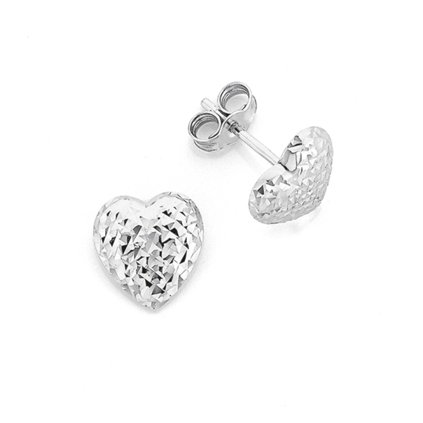 9ct White Gold Diamond-cut Heart Stud Earrings