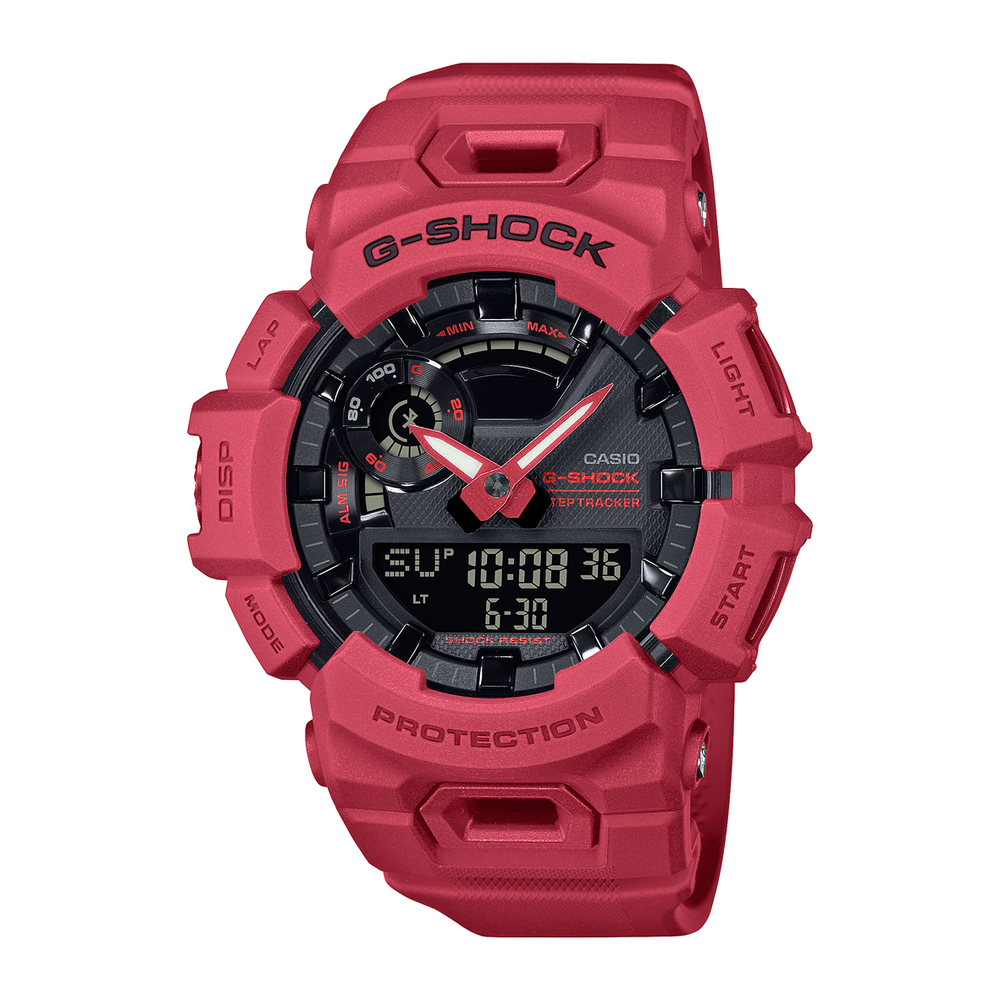 black and red g shock watch