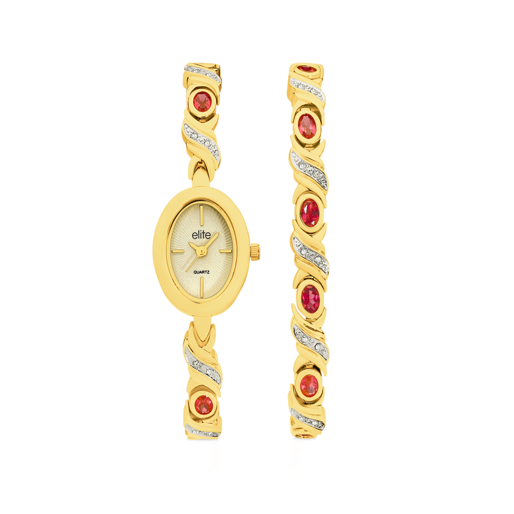 Elite Ladies Watch Bracelet Set in Gold Prouds