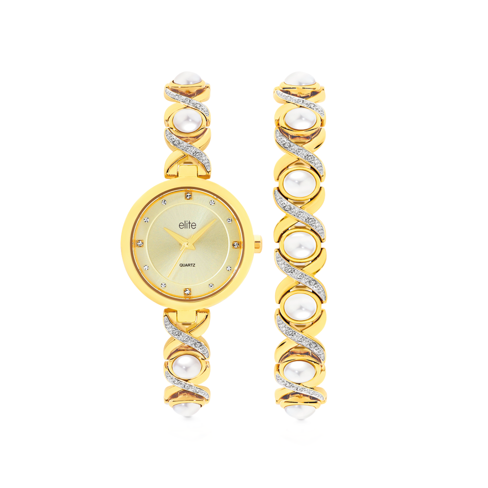 Elite Ladies Watch Bracelet Set in Gold Prouds