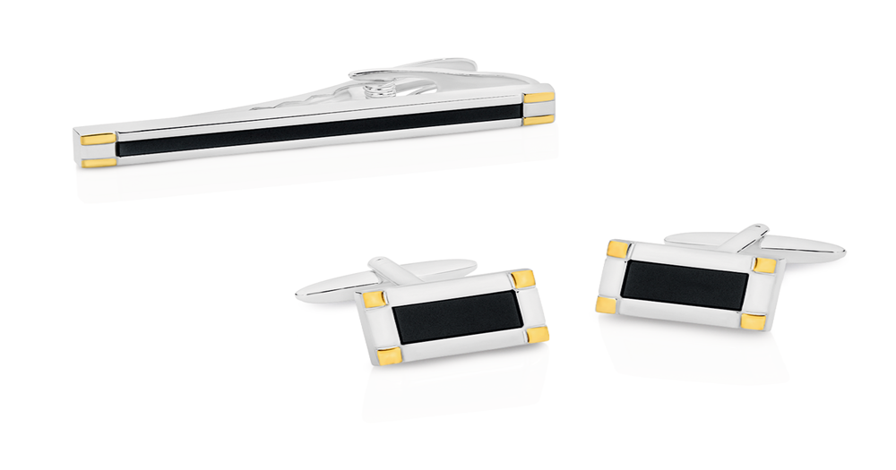 Laidlaw + Leeds Stainless Steel, Hematite Cufflinks And Tie Clip Set in