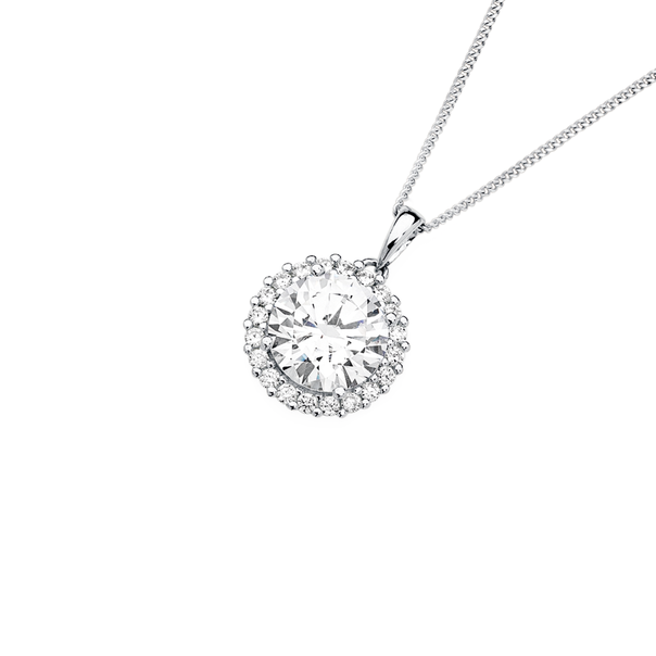 Silver 10mm Cubic Zirconia and Halo Pendant
