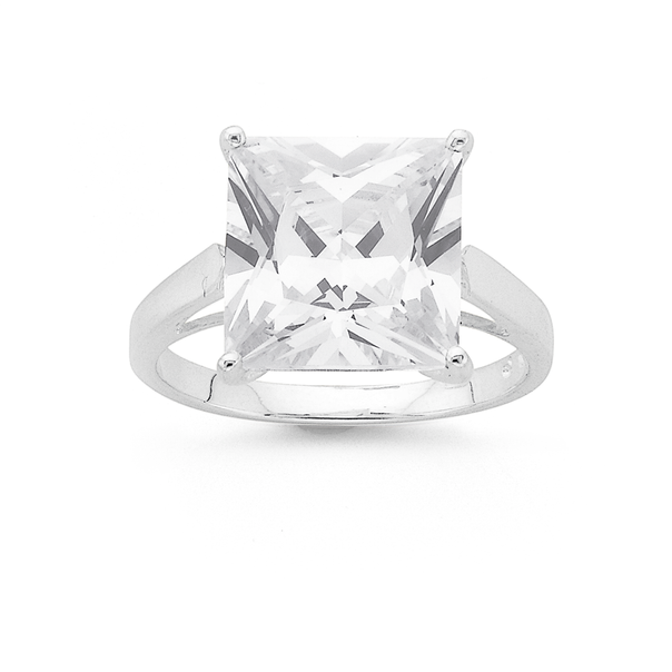 Silver 10mm Square Cubic Zirconia Solitaire Ring