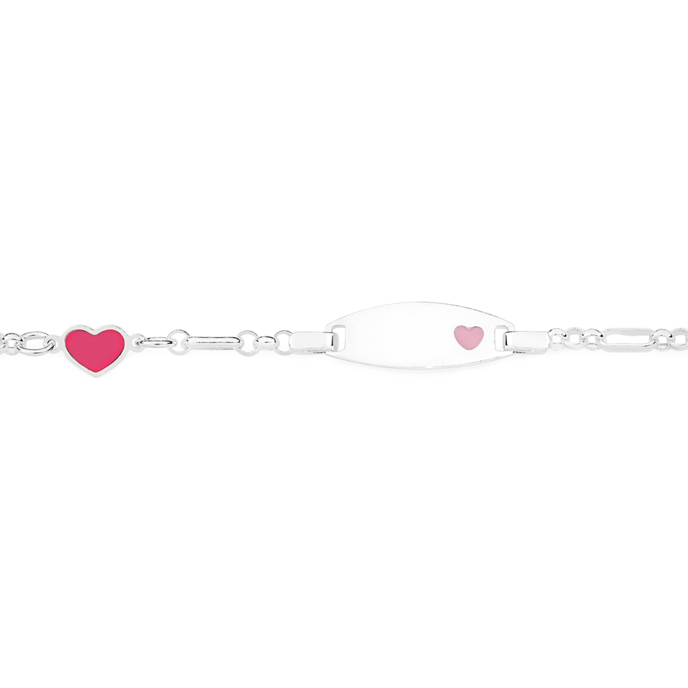Silver 15cm Figaro 3+1 Pink Heart Charm Oval ID Bracelet