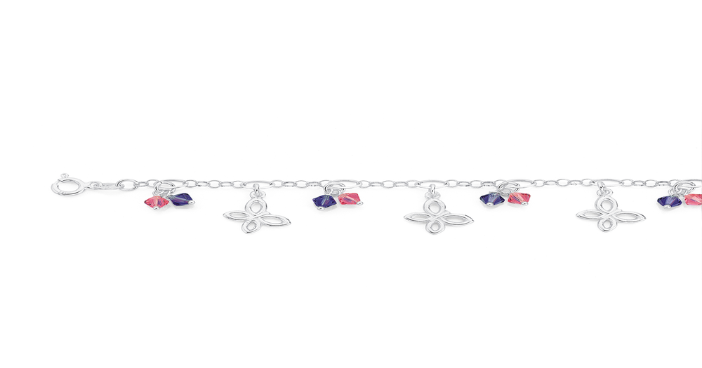Silver 16cm Crystals & Butterfly Charms Bracelet in Pink Prouds