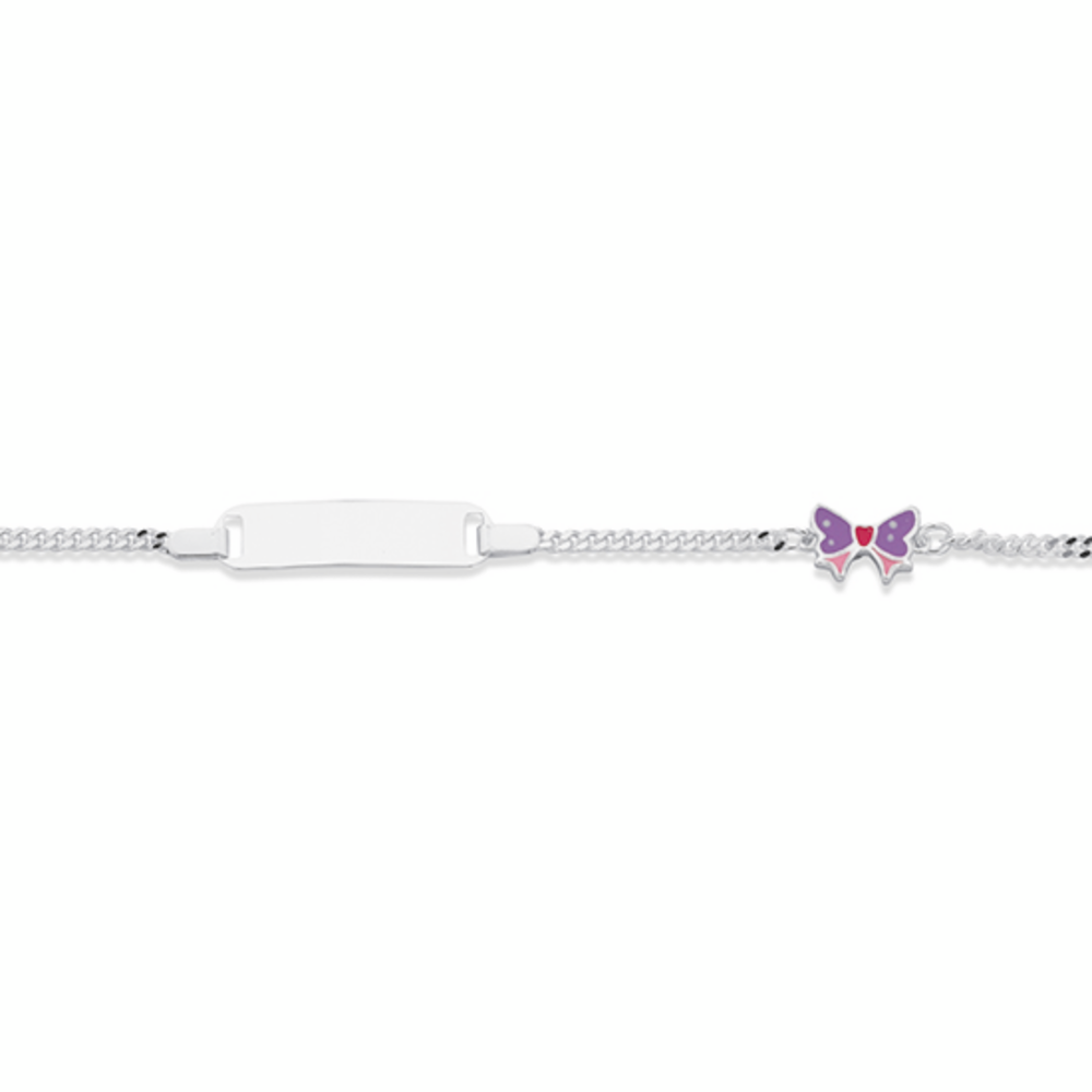 Silver 16cm Solid Curb Pink & Purple Bow Charm Identity Bracelet