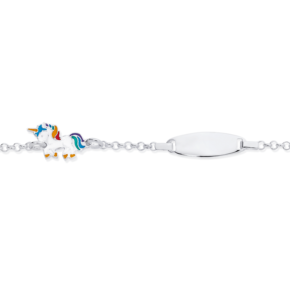 Silver 17cm Belcher Enamel Unicorn Id Bracelet Prouds
