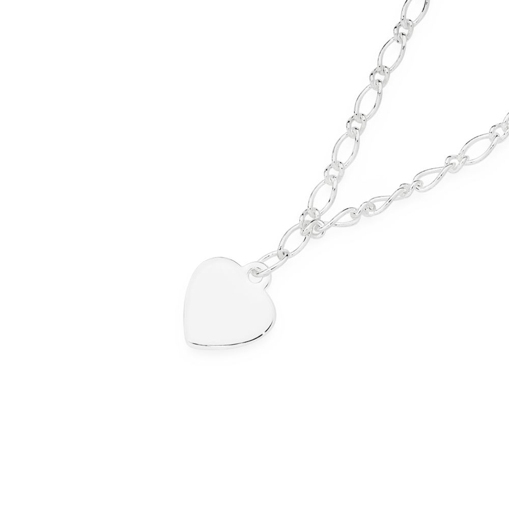 Silver 19cm Heart Charm Figaro Bracelet