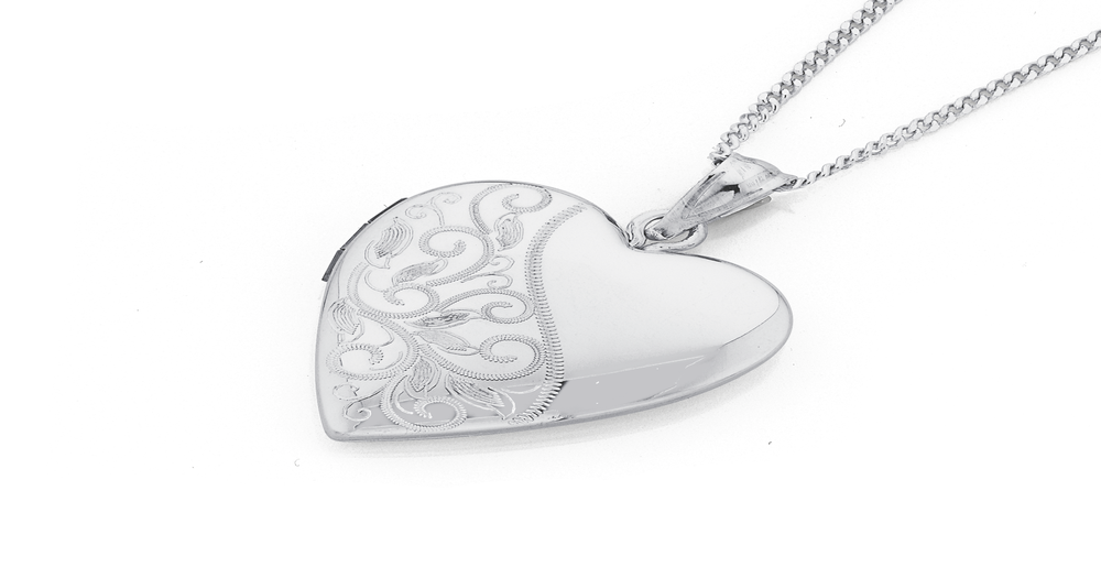 Silver 20mm Half Engraved With Diamond Heart Locket Prouds