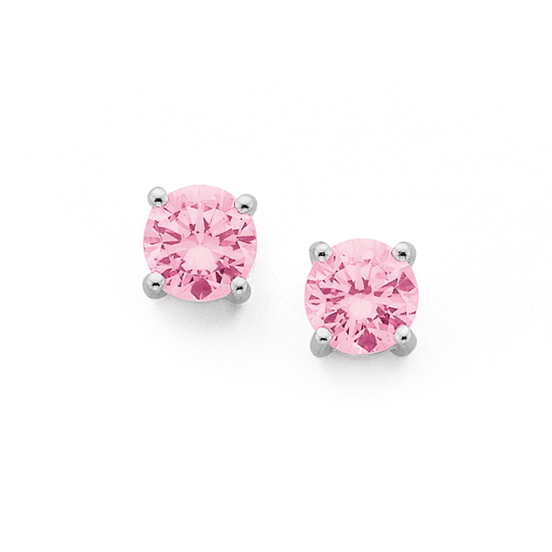 Silver 4 Claw Pink Round Cubic Zirconia Stud Earrings