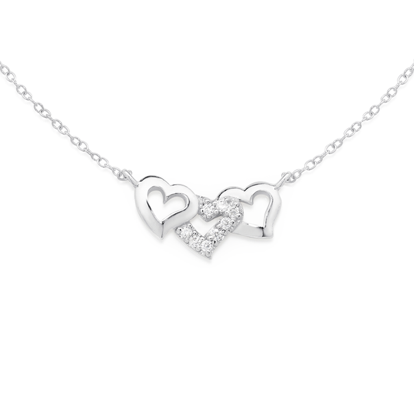 Silver 45cm Cubic Zirconia Triple Open Heart Necklace