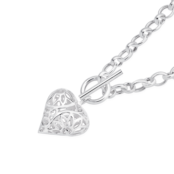 Silver 45cm Filigree Heart Cable Fob Necklet