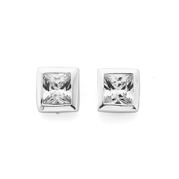 Silver 5mm Square Bezel Cubic Zirconia Stud Earrings