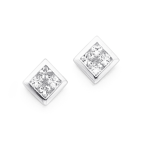 Silver 6mm Square Cubic Zirconia Stud Earrings