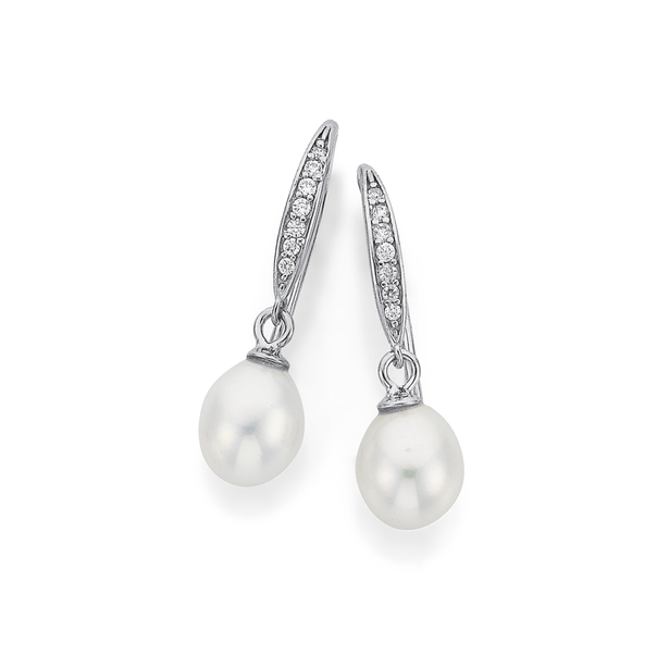 Silver 7.5mm Cultured Freshwater Pearl Pave CZ Hook Earrings