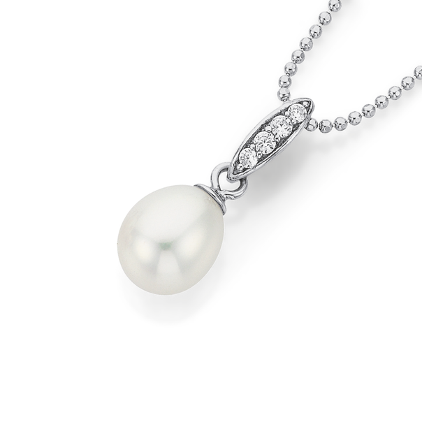Silver 7.5mm Cultured Freshwater Pearl Pave CZ Pendant