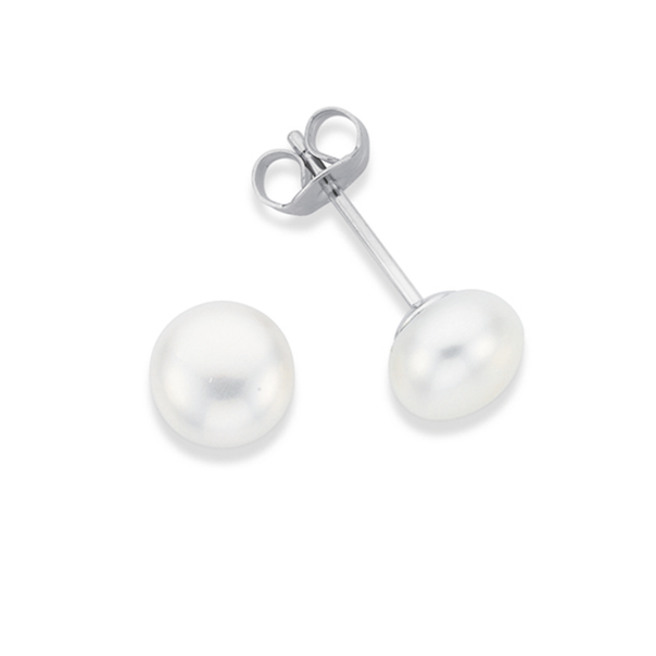 Silver 7X7.5mm Button Cultured Freshwater Pearl Stud Earrings