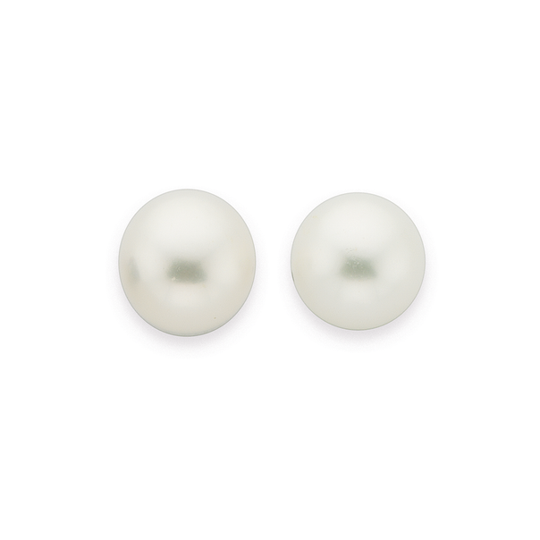 Silver 9-9.5mm Button Cultured Fresh Water Pearl Stud Earrings