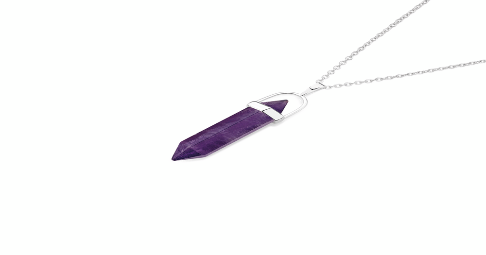 Silver Amethyst Quartz Healing Rod Pendant in Purple | Prouds