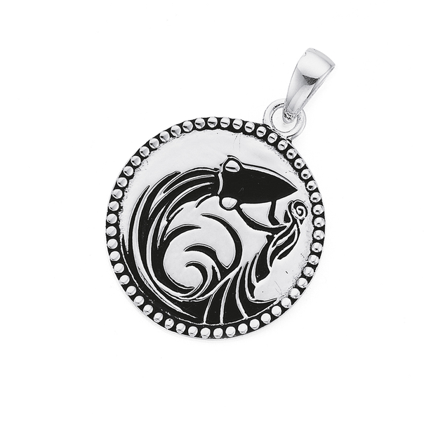 Silver Bead Edge Black Symbol Aquarius Zodiac Sign Pendant