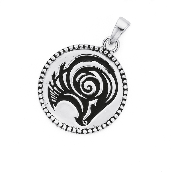 Silver Bead Edge Black Symbol Aries Zodiac Sign Pendant